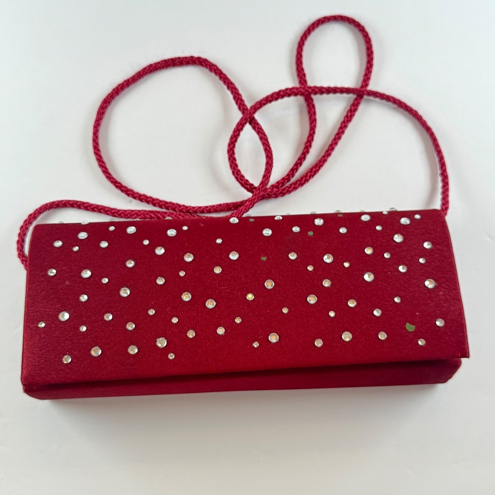 Red Satin Rhinestone Evening Clutch Crossbody Bag Magnetic Snap Formal Sparkle